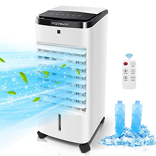Aigostar Olaf -Enfriador de Aire 4 en 1, Climatizador Evaporativo con Ventilador Humidificador Purificador con Ruedas y Control Remoto, 12 H Temporizadores, 3.5L
