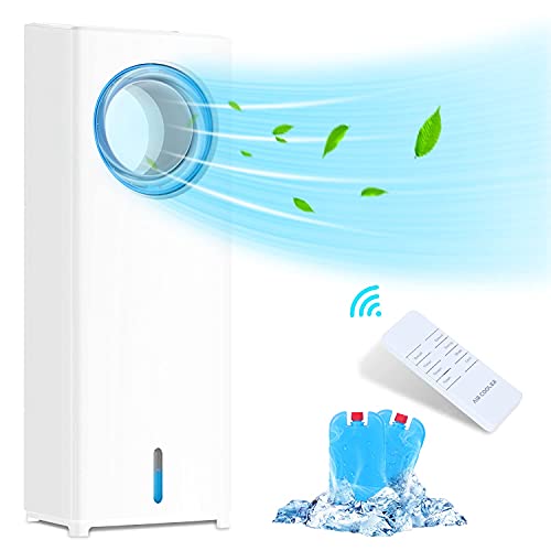 Climatizador Evaporativo Portátil, Enfriador de Aire Silencioso, 3 Velocidades, 8H, Control Dual, Ventilador de Torre 3 en 1 para Refresca, Ventila y Humidifica, Ventilador sin Aspa para Hogar Oficina